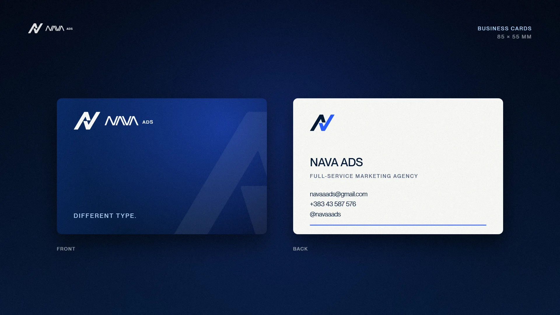 NAVA ADS business cards, front and back