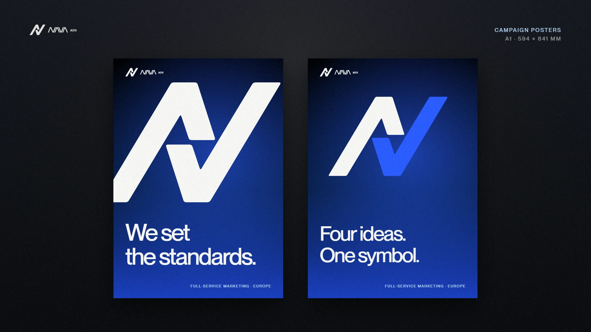 Two NAVA ADS campaign posters: We set the standards, and Four ideas. One symbol.