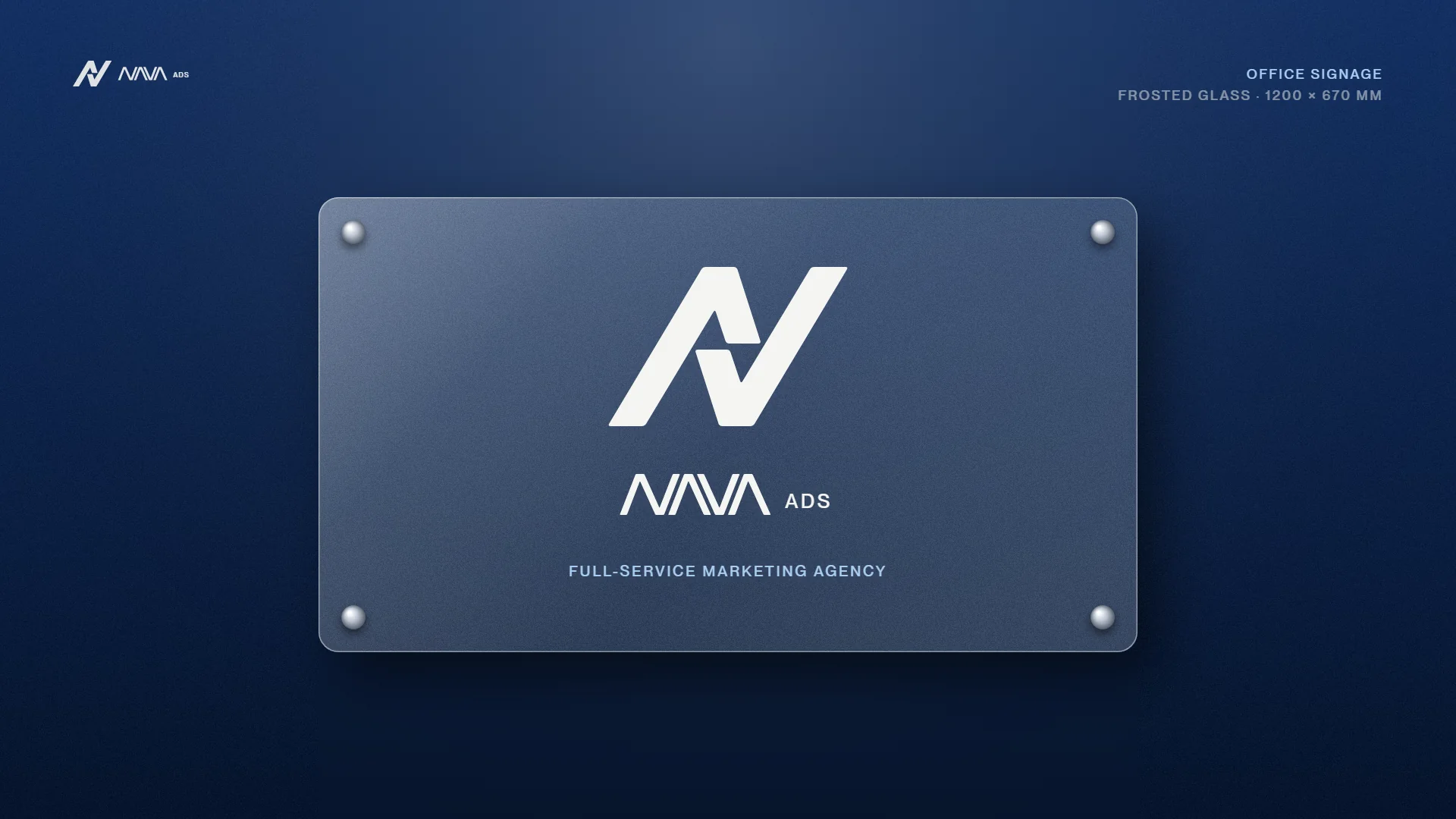 Frosted glass NAVA ADS office sign on a navy wall
